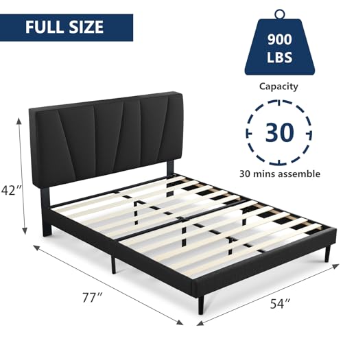 Molblly Queen Bed Frame Upholstered Platform with Headboard and Strong Wooden Slats, Strong Weight Capacity, Non-Slip and Noiseless,No Box Spring Needed, Easy Assembly,Dark Grey