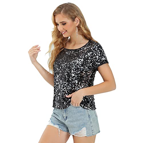 Womens Full Sequin Sparkle Tops Shimmer Glitter Round Neck Short Sleeve Shirt Summer Disco Party Tee Shirts Tunic Blouse Orange Medium
