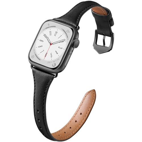 DaQin Slim Leather Band Compatible with Apple Watch Bands for Women 40mm 38mm 41mm, Top Grain Genuine Leather Strap Thin Replacement Wristband for Apple Watch Series 9 8 7 6 5 4 3 2 1 SE Ultra, Black