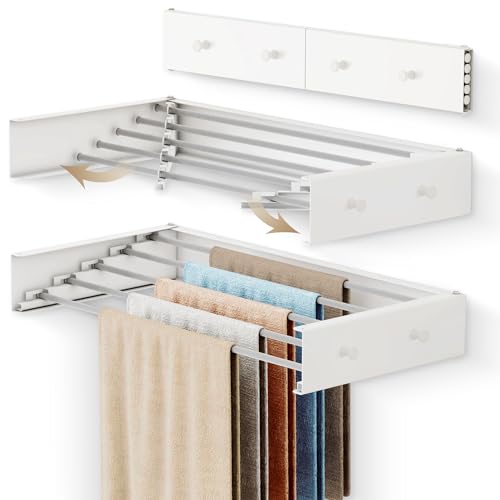 LIENAHU Drying Rack Clothing Upgrade,Clothes Drying Rack Wall Mounted,Laundry Drying Rack Wall Mount,Foldable,Collapsible,Retractable,5 Aluminium Poles,with Hooks,White