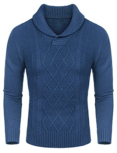 COOFANDY Men's Shawl Collar Sweaters V-Neck Relaxed Fit Cable Pullovers Brown