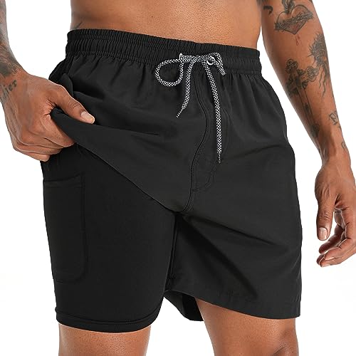 zeetoo Mens Swim Trunks with Compression Liner 5.5" Inseam Swim Shorts Quick Dry Shorts Palm Tree-Green 3XL