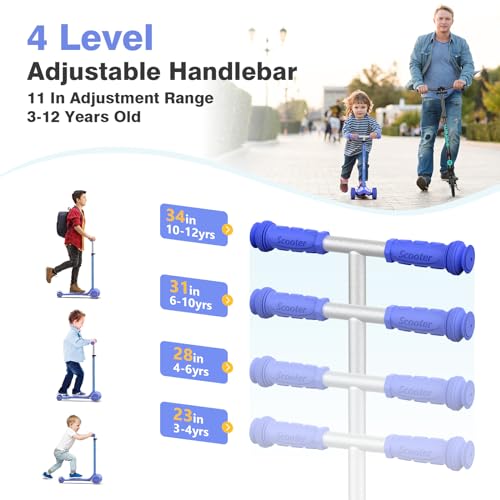 WAYPLUS 3 Wheel Scooter for Kids Ages 3+, 25mm Extra Thick Deck & Light Up Wheels for Kids Ages 3-5, 5-7. 4 Levels Adjustable Heights, Three Wheel Scooter for Kids Ages 8-12, Max Load 180LBS
