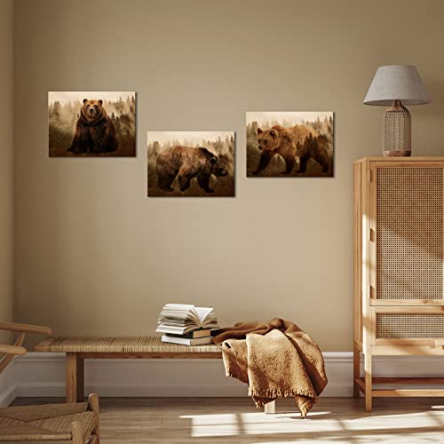 OuElegent Brown Bear Canvas Wall Art Forest Animal Art Print Painting Picture 3 Pieces Stretched and Framed for Living Room Bedroom Bathroom (small)