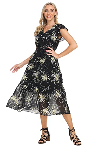 VintageClothing Womens Sundress Casual Floral Summer Boho Dress Flowy Wrap V Neck Ruffle A-Line Pleated Hem Midi Dresses, L