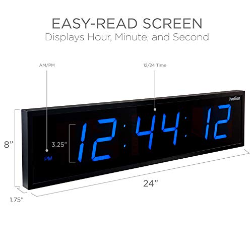 Ivation Large Digital Wall Clock - Big LED Digital Clock w/Large Display Shelf or Wall Mount (24 Inch - Blue) Battery Backup | 6 Brightness Levels | Remote, Mounting Holes & Hardware