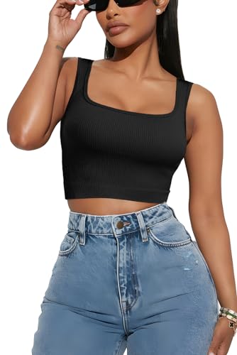 PEIQI Womens Going Out Tank Crop Tops Summer Fashion Outfits Sleeveless Basic Seamless Square Neck Cute Tops Black Small