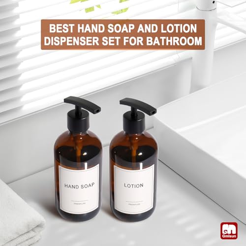 GMISUN Black Hand Soap Dispenser, 3 Pack Bathroom Glass Soap Dispenser with Plastic Pump, 16 Oz Kitchen Hand and Dish Dispenser Set, Modern Black