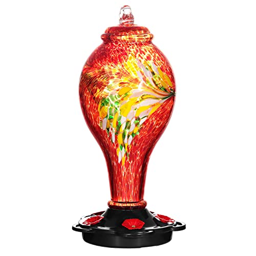 LUJII Hand Blown Glass Hummingbird Feeder for Outdoors Hanging with Ant Guard, 25 fl.oz, Leak Proof & Rustproof, Metal Base with 5 Feeding Ports & 5 Perches, Unique Garden & Backyard Decor (Purple)