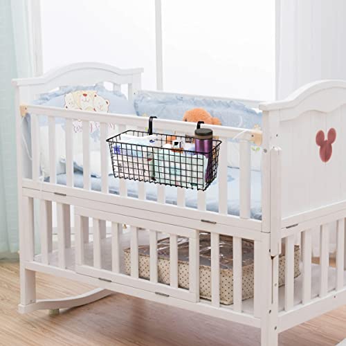 Ymeibe 2 Pack Bedside Hanging Wire Basket for Storage Bedside Caddy Hanging Organizer Bunk Bed Shelf Holder Pocket for College Dorm Room Baby Bed Rails (Black/Large)