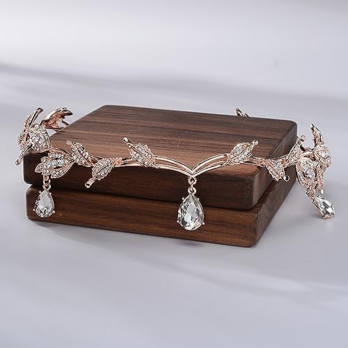 MR Crystal Leaf Wedding Tiara for Bride, Bridal Forehead Diadem Headband, Gold Costume Party Crown Headpiece Festival Holloween Hair Accessories for Women