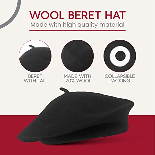 Black French Wool Beret Hat - Classic Stretchable - One Size Fits Most - Solid Color - Stylish Chic Parisian