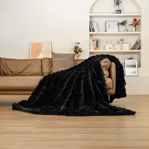 Moenchy Faux Fur Black Throw Blacket for Couch - Super Soft Heavy Flufyy Thick Bubble Throw Blankets for Bed Bedroom Living Room Farmhouse Sofa Chair Fall Winter Warm, 50x60 Inch