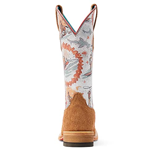 Ariat Womens Frontier Western Aloha Western Boot Rusty Roughout/Surfing Longhorn Print 6