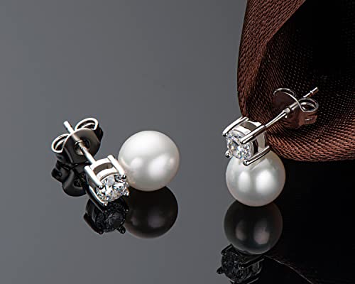 DENGGUANG Pearl Stud Earrings June Birthstone Freshwater Cultured 6.5mm Small White Pearl Drop Silver Earrings with Cubic Zirconia Jewelry Gifts for Women
