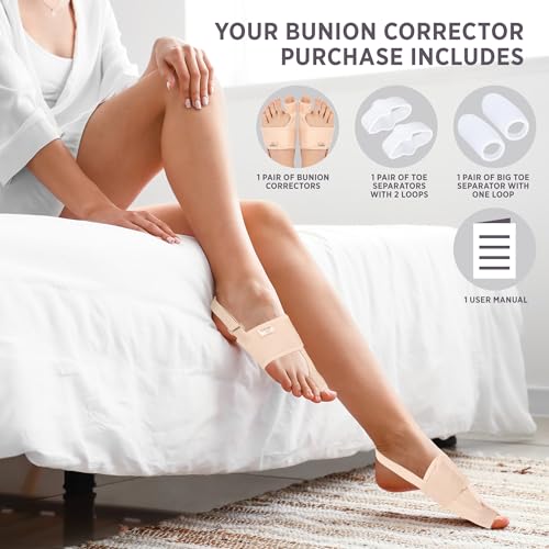 PEDIGOO Bunion Corrector for Women 2pc, Non-Slip Bunion Toe Separator, Hallux Valgus Relief for Day/Night Support (Beige)