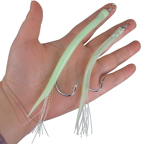 8 Packs Rubber Bass Tube Lures Cod Rig Teaser with Stainless Steel Hook Barrel Swivels Class Striped Bass Tube Lure Trolling Bass Cod Fishing EEL Hook Green 7/0