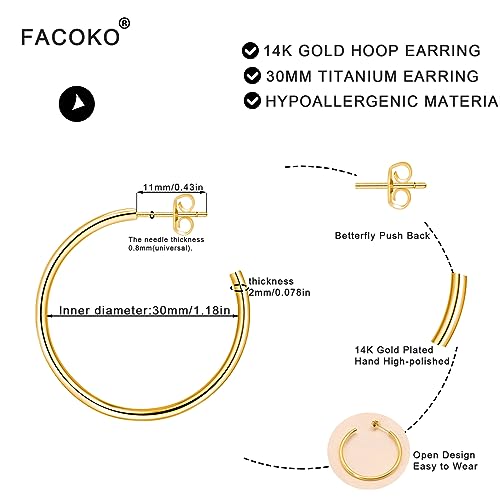 14K Gold Hoop Earrings for Women, Hypoallergenic Open Hoops, Non-Nickel Titanium Earrings for Sensitive Ears, 2mm Thin Hoop Lightweight Earrings (30mm-Gold)