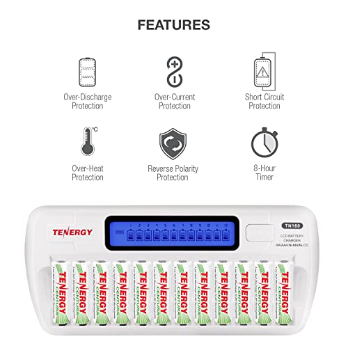 Tenergy 12 Pack Centura AA Rechargeable Batteries and TN160 12-Bay Smart Battery Charger, 12 Pack AA Low Self-Discharge Batteries and Charger for Remote Controllers, Toys, and More