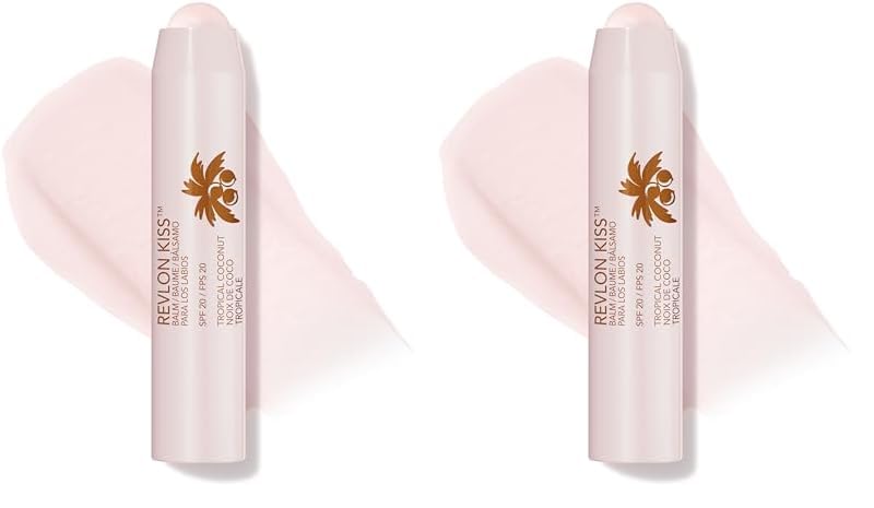 Revlon Lip Balm, Kiss Tinted Lip Balm, Face Makeup with Lasting Hydration, SPF 20, Infused with Natural Fruit Oils, 010 Tropical Coconut, 0.09 Oz (Pack of 2)
