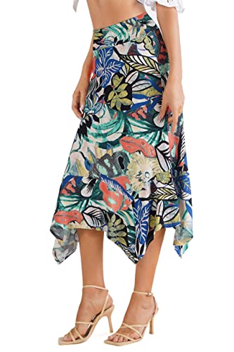 DJT Women's High Elastic Flat Waist Handkerchief Hem Flowy Flared Casual Midi Skirt Black S