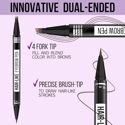 Microblading Eyebrow Pen - Eyebrow Pencil Magical 2-in-1 Dual-Ended Waterproof Eye Brow Pencils for Women with 4-Fork-Tip & Precise Brush-Tip for Natural Hair Like Strokes, Last All-Day, Light Brown