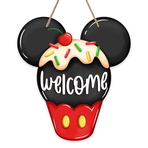 Deroro Welcome 4th of July Kiss Cartoon Mouse Patriotic Front Door Sign, America USA Love Red Blue Wood Door Hanger Outdoor Outside Porch Decor, American Wooden Wreath Indoor Wall Hanging Decoration