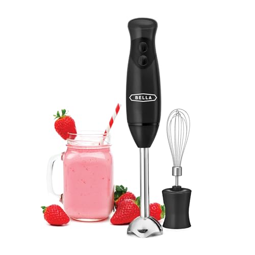 BELLA Immersion Hand Blender, Portable Mixer with Whisk Attachment - Electric Handheld Juicer, Shakes, Baby Food and Smoothie Maker, Stainless Steel, Black
