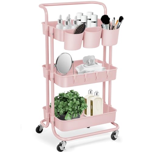 E&D FURNITURE 3 Tier Rolling Storage Cart with Wheels, White, Sturdy, Waterproof, Adjustable, Multipurpose, Organization, Office, Kitchen, Bedroom, Bathroom, Garage, Kids Art Cart