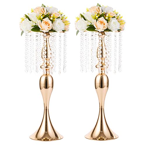 2 Pcs 21.3 inches Tall Crystal Flower Stand Wedding Road Lead Flowers Holders Centerpiece Metal Chandelier for Reception Tables Supplies
