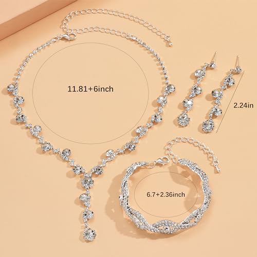 Dcfywl731 Silver Bridal Wedding Jewelry Set Rhinestone Necklace Earrings Bracelet Sets Prom Jewelry Sets Formal Costume Jewelry Accessories for Women and Brides