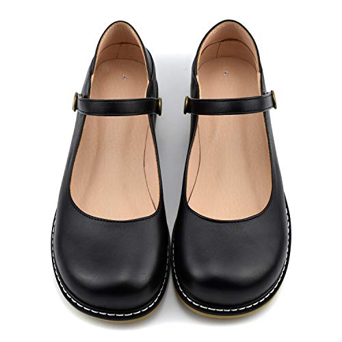 100FIXEO Women Buckle Ankle Strap Mary Jane Flat Shoes (6, Black)
