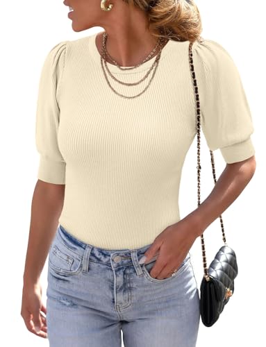 ONLYSHE Women's Crewneck Short Sleeve T Shirts Summer Ribbed Knit Slim Fit Shirts Casual Basic Soild Color Top Tees,Purple,Medium