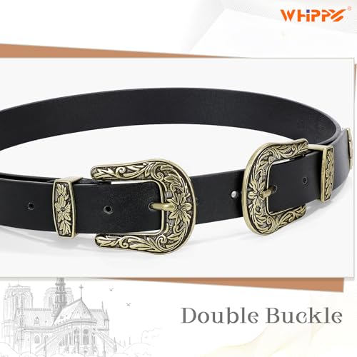 WHIPPY Vintage Western Leather Belt for Women Double Buckle Retro Cowgirl Waist Belts for Jeans Pants Dresses Black Gold, S