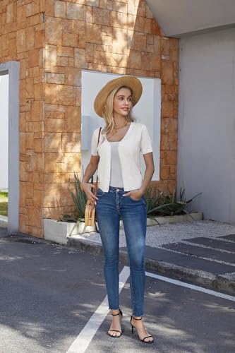 GRACE KARIN Women's Lightweight Open Front Short Sleeve Knit Cropped Cardigans Hollow Out Button Down Shrugs Sweaters,White,2XL