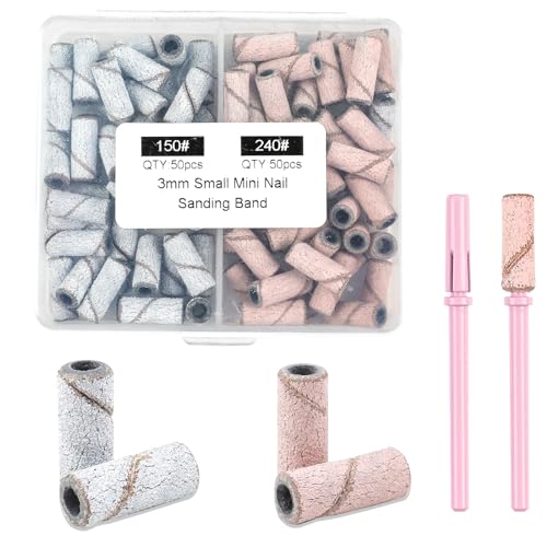 100pcs Small Sanding Bands for Nail Drills with 2pcs 3.1MM Mandrel Nail Drill Bits, Upgrade 150# 240# Grit Nail File Sanding Bands for Acrylic Nails Tech Gel Manicures and Pedicure