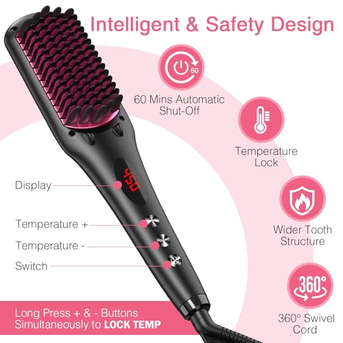 Enhanced Ceramic Hair Straightener Brush by MiroPure, 2-in-1 Ionic Straightening Brush with Anti-Scald Feature, Auto Temperature Lock & Auto-Off Function (Black)