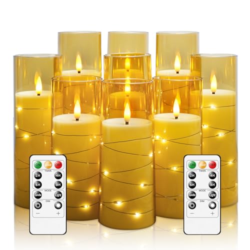 kakoya Flameless LED Candles with Timer 9 Pc Flickering Flameless Candles for Romantic Ambiance and Home Decoration Stable Acrylic Shell,with Embedded Star String,Battery Operated Candles(Orange)