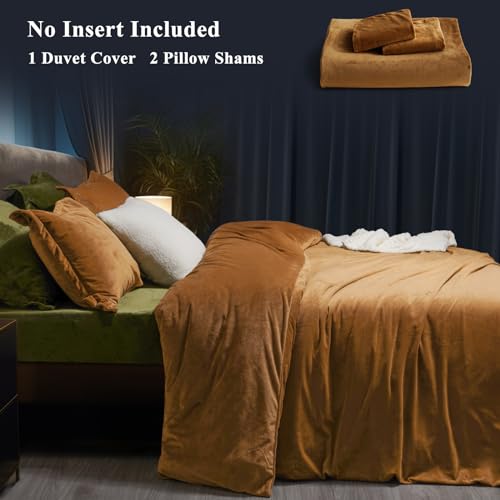 PHF Super Soft Velvet Duvet Cover Queen Size, 3pcs Luxurious Breathable Velour Fluffy Comforter Cover with 8 Ties, Cozy Flannel Duvet Cover with Pillow Shams, Zipper Closure, 90"x90", Camel
