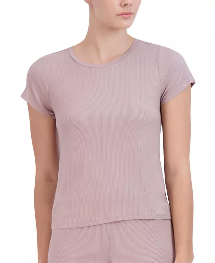 Steve Madden Women's Ribbed Short-Sleeve Sleep Tee, Bark, Small