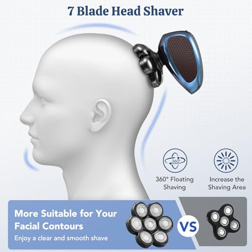 Paubea Head Shavers for Bald Men, 6 in 1 Detachable 7D Head Shaver, Electric Razor with Hair Sideburns Trimmer, Waterproof Wet&Dry, Cordless Mens Grooming Kit, Rechargeable Electric Shavers - Blue