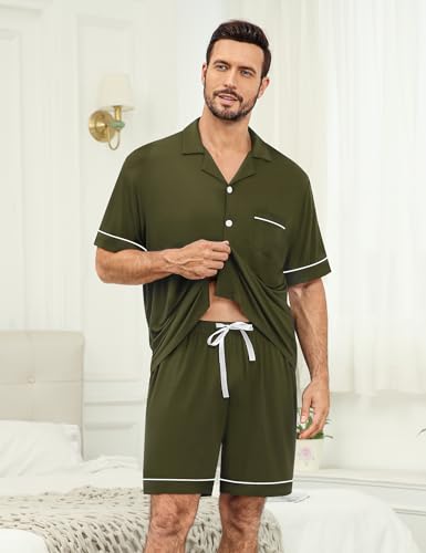 SWOMOG Mens Pajama Set Shorts Button Down Short Sleeve Sleepwear Soft Modal 2Pcs Pj Set with Pockets Army Green Small