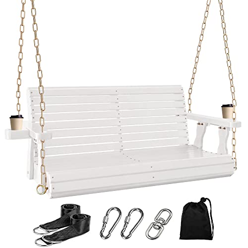 4FT Wooden Porch Swing w/Cupholders,Heavy Duty 800LBS Outdoor Swing Bench w/Chains,Patio Roll Back Swing Chair Bench,Front Porch 2-Person Hanging Bench,for Garden Courtyard Lawn & Balcony