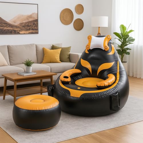 Qadory Inflatable Gaming Chair for Kids – Supports Up to 300 lbs, Includes Air Pump, Cup Holder, 2 Pockets – Durable Bean Bag Seat, Comfy Kids Gaming Chair & Top Gamer Chairs for Kid Room