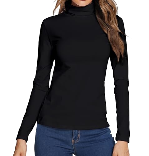 LOVFEE Women Basic Cotton Slim Fit Long Sleeve Soft Turtleneck T Shirt Tops(Black/S)