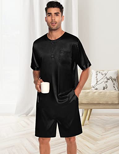 SWOMOG Men Satin Pajamas Set Short Sleeve Silk Sleepwear Button Down 2 Piece Loungewear with Pockets Black Small
