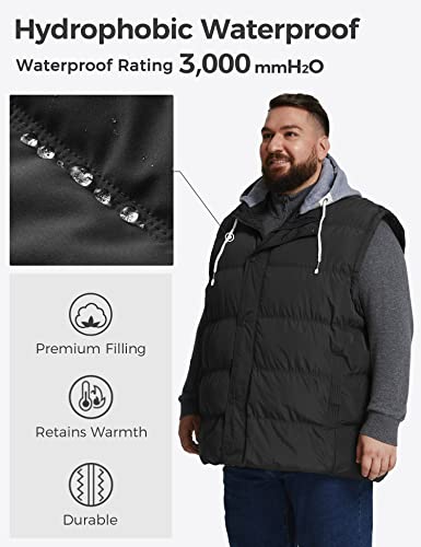 wantdo Men's Big and Tall Windproof Winter Vest Padded Warm Puffer Coat with Removable Hood Black X-Large Tall