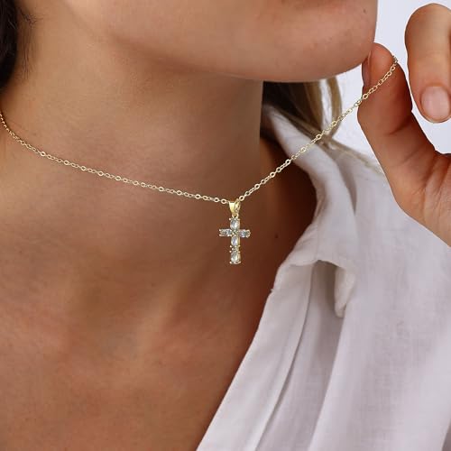 Cross Necklace for Women Dainty Gold Cross Birthstone Necklace 14K Gold Plated Cross Pendant Necklaces for Women Trendy Gold Jewelry Gifts