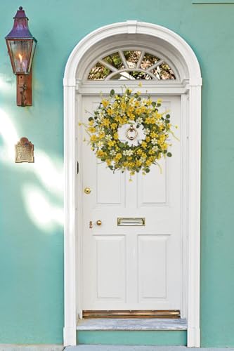 LSKYTOP 24Inches Artificial Daisy Flower Wreath with Eucalyptus Green Leave Spring Summer Wreath for Front Door Wall Decor