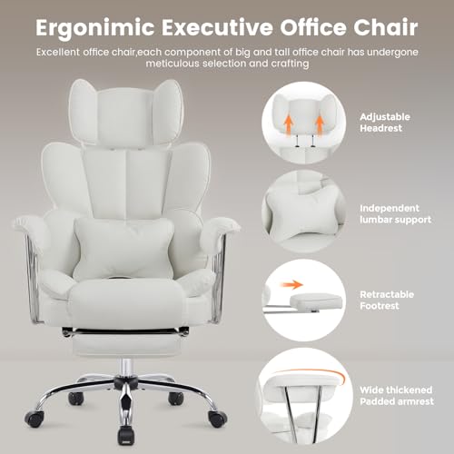 IWMH Big and Tall Leather Office Chair 400LBS, Large High Back Reclining Office Chair with Footrest&Lumbar, Lifting Headrest Ergonomic Desk Chair, Managerial Chair with Wide Seat & Armrests (Black)
